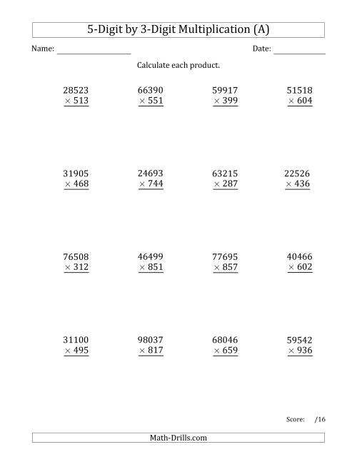 The Multiplying 5-Digit by 3-Digit Numbers (A) Math Worksheet