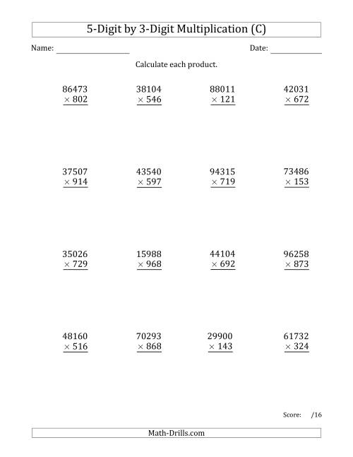The Multiplying 5-Digit by 3-Digit Numbers (C) Math Worksheet