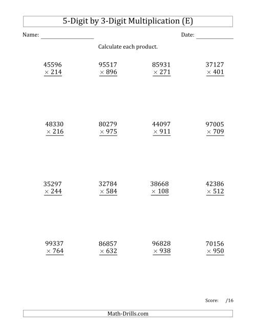 The Multiplying 5-Digit by 3-Digit Numbers (E) Math Worksheet