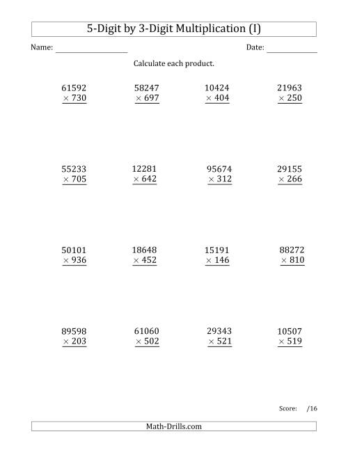 The Multiplying 5-Digit by 3-Digit Numbers (I) Math Worksheet