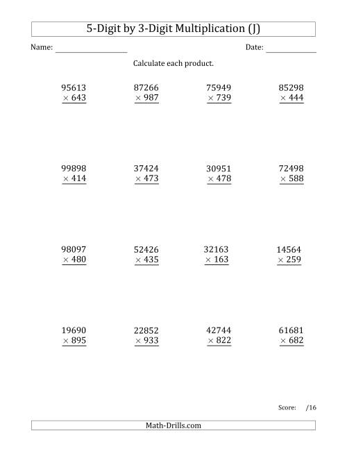 The Multiplying 5-Digit by 3-Digit Numbers (J) Math Worksheet