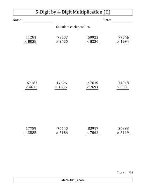 The Multiplying 5-Digit by 4-Digit Numbers (D) Math Worksheet