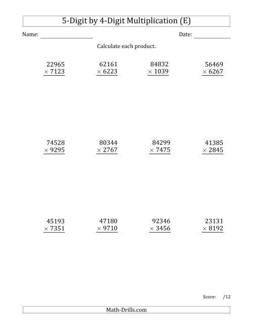The Multiplying 5-Digit by 4-Digit Numbers (E) Math Worksheet