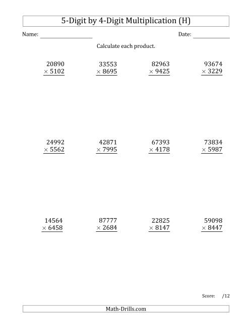 The Multiplying 5-Digit by 4-Digit Numbers (H) Math Worksheet