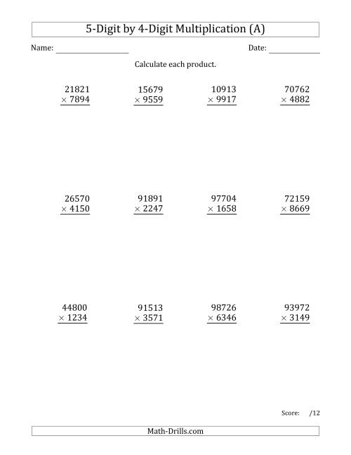 The Multiplying 5-Digit by 4-Digit Numbers (All) Math Worksheet
