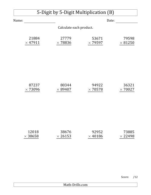 The Multiplying 5-Digit by 5-Digit Numbers (B) Math Worksheet