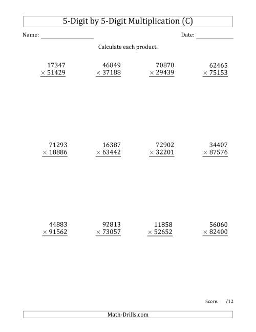 The Multiplying 5-Digit by 5-Digit Numbers (C) Math Worksheet