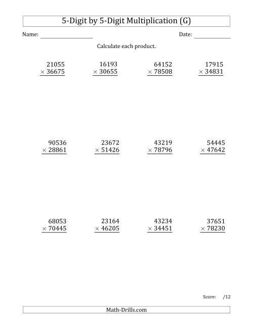 The Multiplying 5-Digit by 5-Digit Numbers (G) Math Worksheet