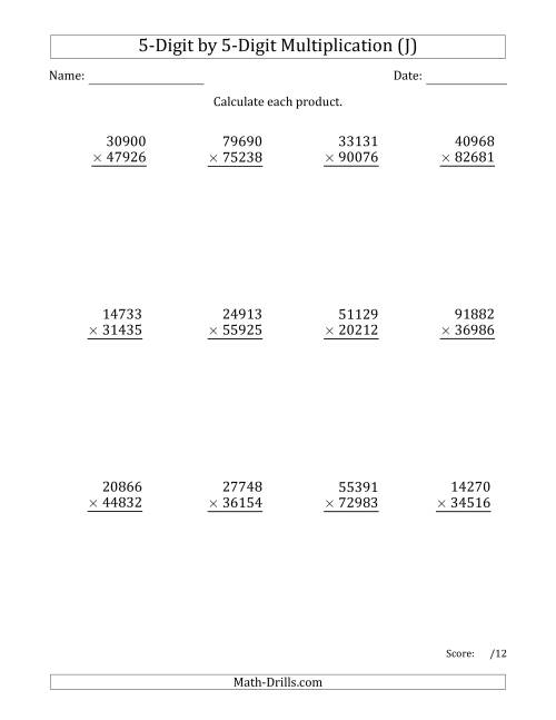 The Multiplying 5-Digit by 5-Digit Numbers (J) Math Worksheet