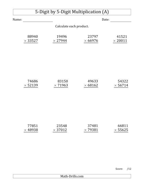 The Multiplying 5-Digit by 5-Digit Numbers (All) Math Worksheet
