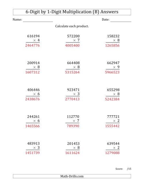 The Multiplying 6-Digit by 1-Digit Numbers (B) Math Worksheet Page 2