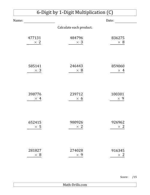 The Multiplying 6-Digit by 1-Digit Numbers (C) Math Worksheet