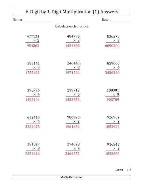 The Multiplying 6-Digit by 1-Digit Numbers (C) Math Worksheet Page 2