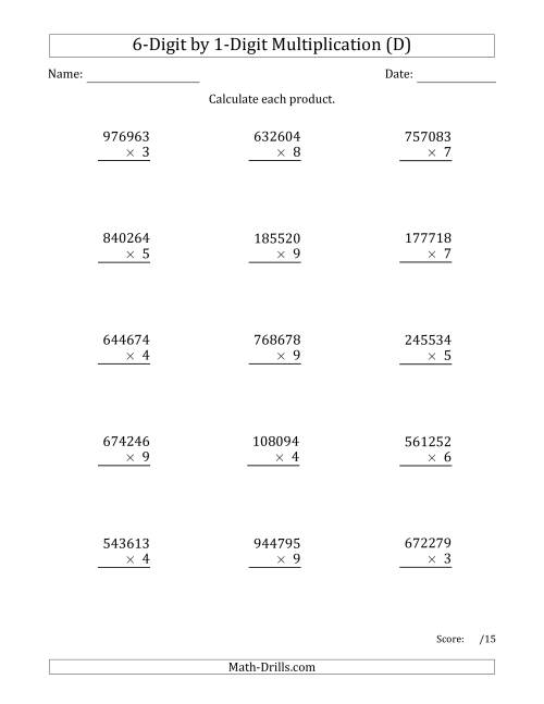The Multiplying 6-Digit by 1-Digit Numbers (D) Math Worksheet