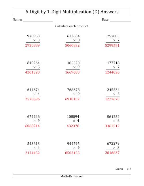 The Multiplying 6-Digit by 1-Digit Numbers (D) Math Worksheet Page 2