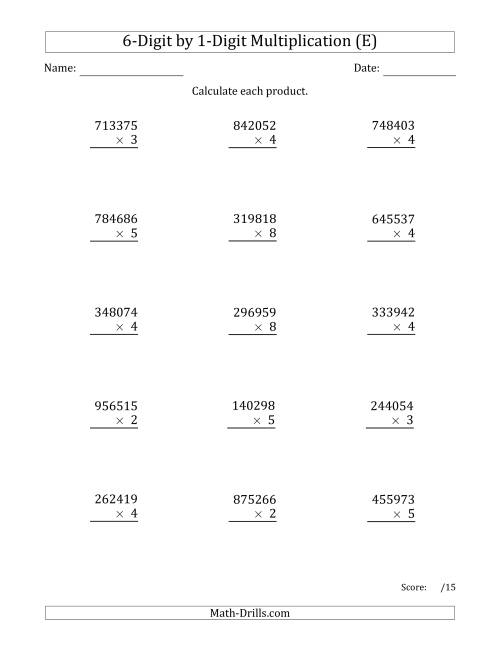 The Multiplying 6-Digit by 1-Digit Numbers (E) Math Worksheet