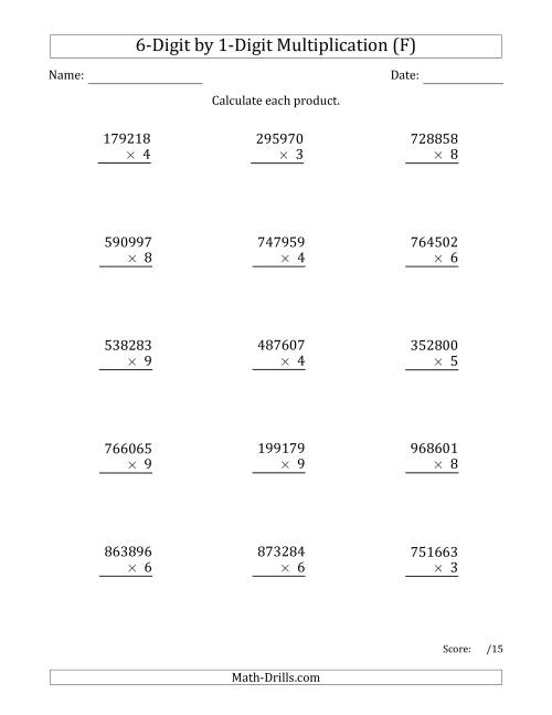 The Multiplying 6-Digit by 1-Digit Numbers (F) Math Worksheet