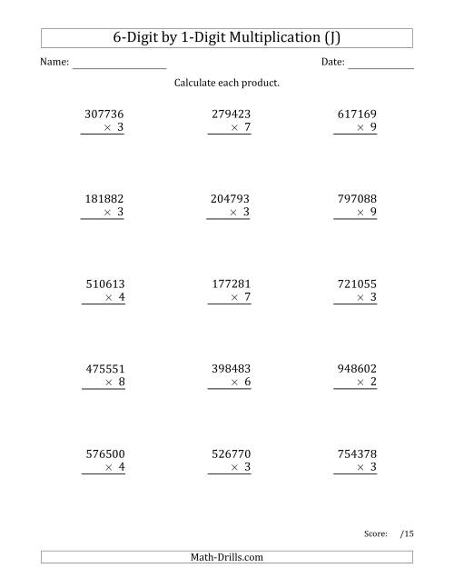 The Multiplying 6-Digit by 1-Digit Numbers (J) Math Worksheet