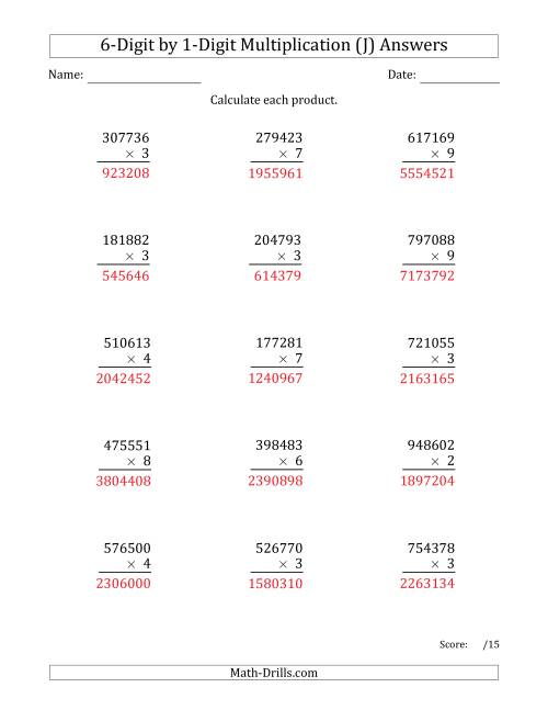 The Multiplying 6-Digit by 1-Digit Numbers (J) Math Worksheet Page 2