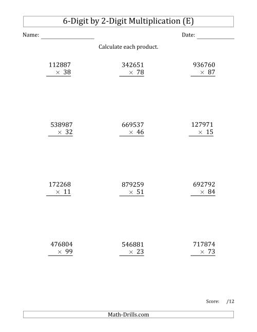 The Multiplying 6-Digit by 2-Digit Numbers (E) Math Worksheet
