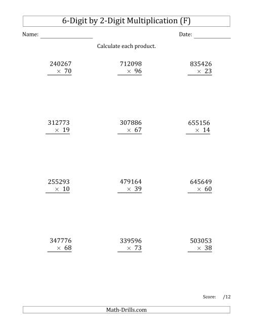 The Multiplying 6-Digit by 2-Digit Numbers (F) Math Worksheet