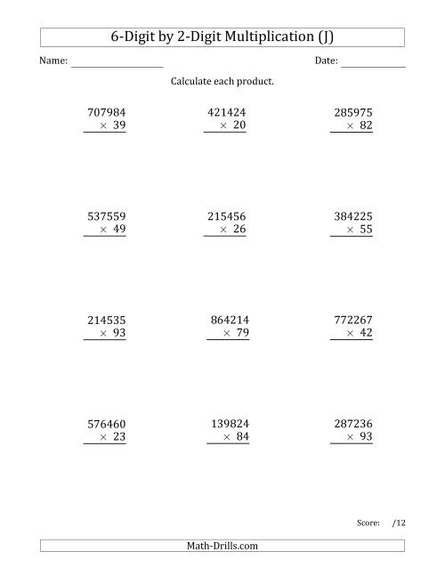 The Multiplying 6-Digit by 2-Digit Numbers (J) Math Worksheet