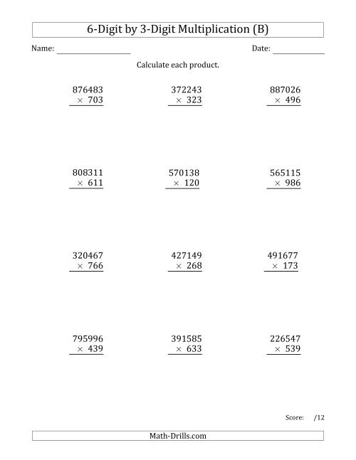 The Multiplying 6-Digit by 3-Digit Numbers (B) Math Worksheet