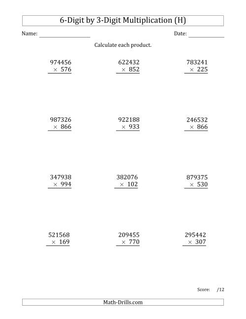 The Multiplying 6-Digit by 3-Digit Numbers (H) Math Worksheet