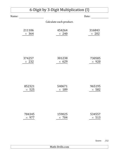 The Multiplying 6-Digit by 3-Digit Numbers (I) Math Worksheet