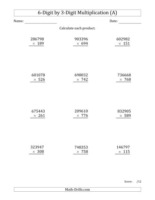 The Multiplying 6-Digit by 3-Digit Numbers (All) Math Worksheet