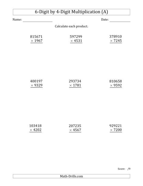 The Multiplying 6-Digit by 4-Digit Numbers (A) Math Worksheet