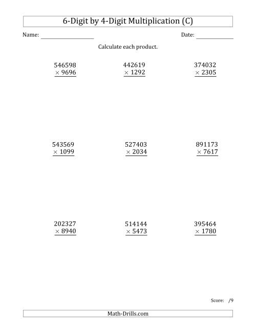 The Multiplying 6-Digit by 4-Digit Numbers (C) Math Worksheet