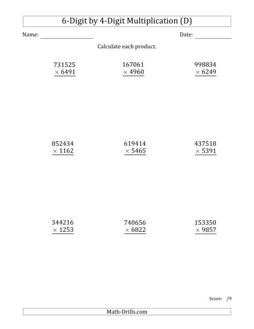 The Multiplying 6-Digit by 4-Digit Numbers (D) Math Worksheet