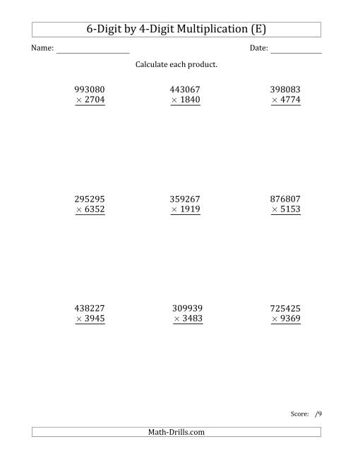 The Multiplying 6-Digit by 4-Digit Numbers (E) Math Worksheet