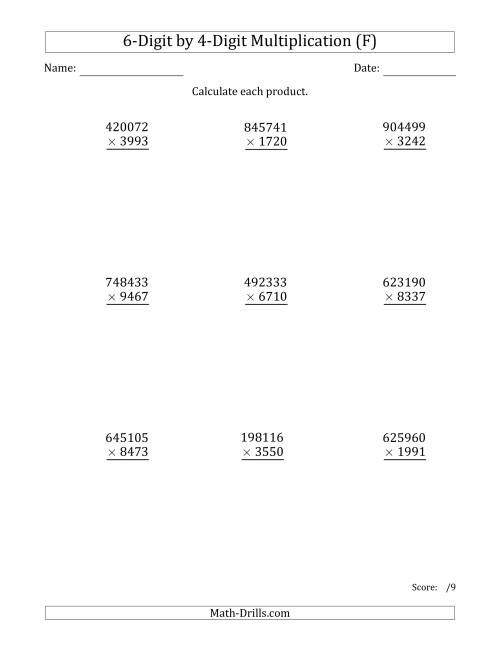 The Multiplying 6-Digit by 4-Digit Numbers (F) Math Worksheet