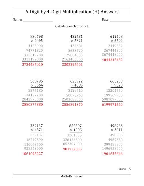 The Multiplying 6-Digit by 4-Digit Numbers (H) Math Worksheet Page 2