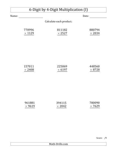 The Multiplying 6-Digit by 4-Digit Numbers (I) Math Worksheet