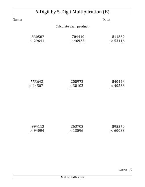 The Multiplying 6-Digit by 5-Digit Numbers (B) Math Worksheet