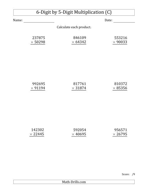 The Multiplying 6-Digit by 5-Digit Numbers (C) Math Worksheet
