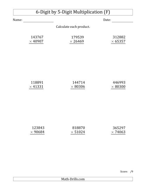 The Multiplying 6-Digit by 5-Digit Numbers (F) Math Worksheet