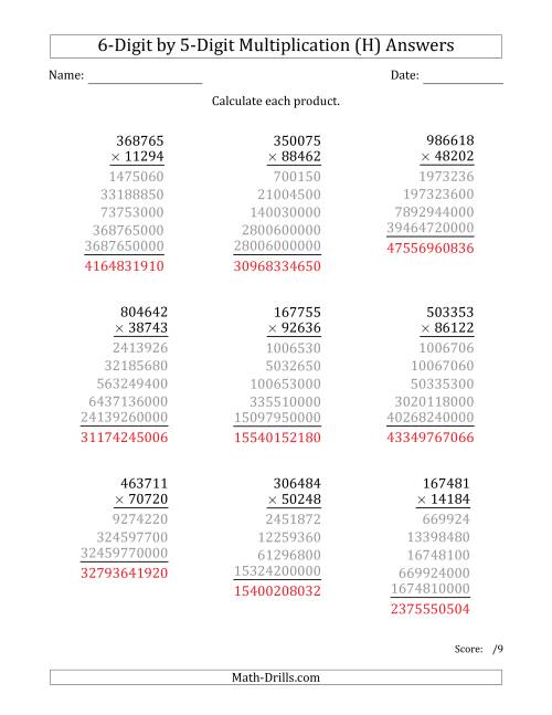The Multiplying 6-Digit by 5-Digit Numbers (H) Math Worksheet Page 2