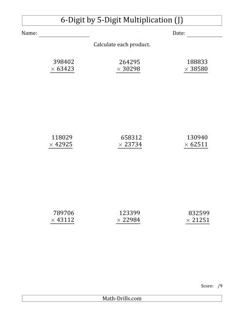 The Multiplying 6-Digit by 5-Digit Numbers (J) Math Worksheet