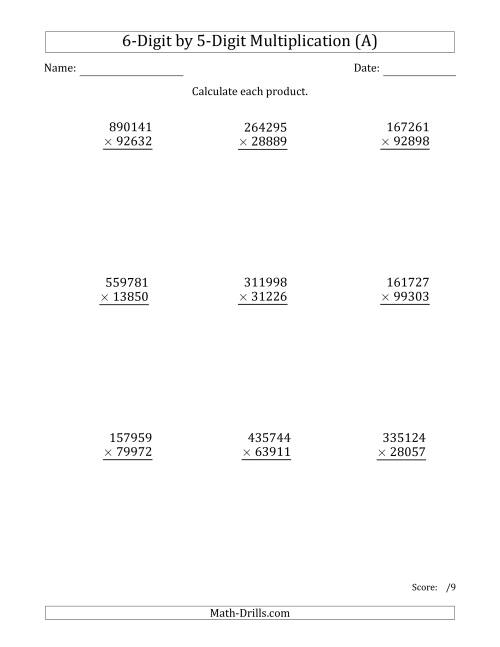 The Multiplying 6-Digit by 5-Digit Numbers (All) Math Worksheet