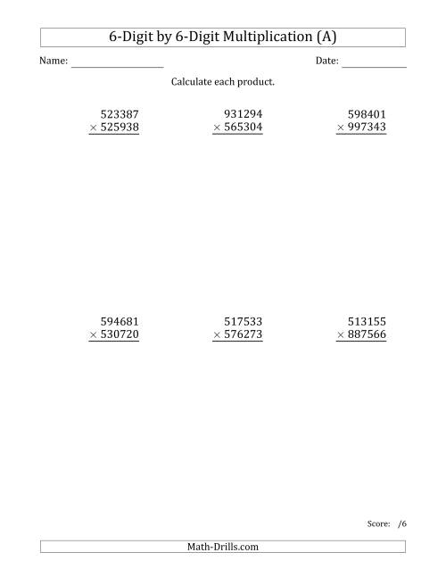 The Multiplying 6-Digit by 6-Digit Numbers (A) Math Worksheet