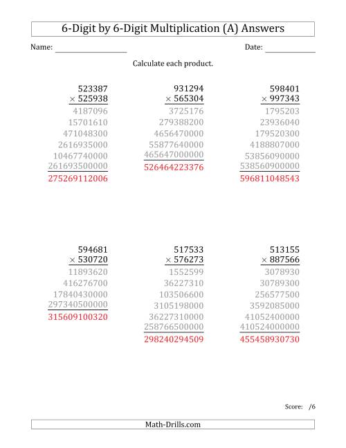 The Multiplying 6-Digit by 6-Digit Numbers (A) Math Worksheet Page 2