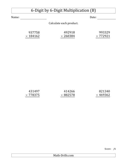 The Multiplying 6-Digit by 6-Digit Numbers (B) Math Worksheet