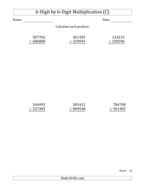 The Multiplying 6-Digit by 6-Digit Numbers (C) Math Worksheet