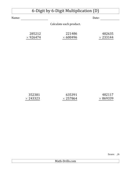 The Multiplying 6-Digit by 6-Digit Numbers (D) Math Worksheet