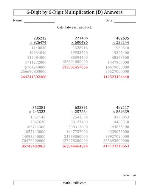 The Multiplying 6-Digit by 6-Digit Numbers (D) Math Worksheet Page 2