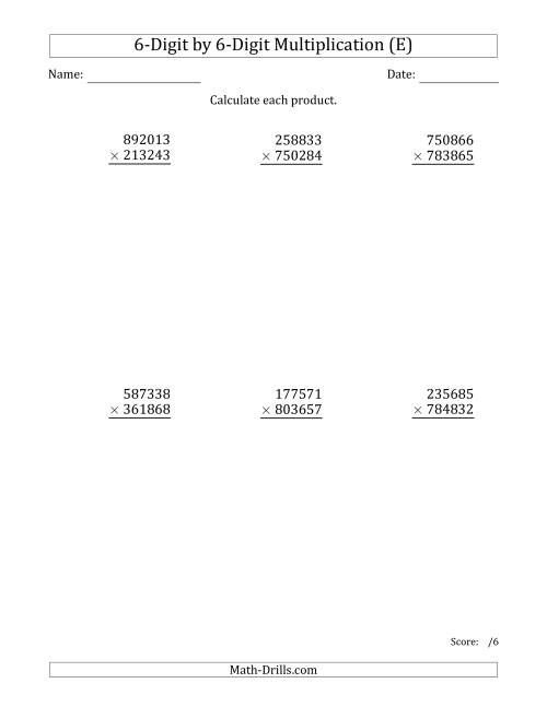 The Multiplying 6-Digit by 6-Digit Numbers (E) Math Worksheet